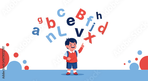 A cheerful boy pointing at floating letters related to learning and language education
