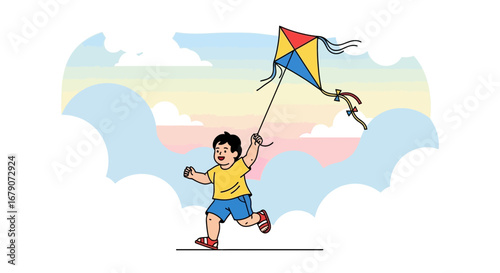 A cheerful cartoon illustration of a boy running with a kite on a bright day playing