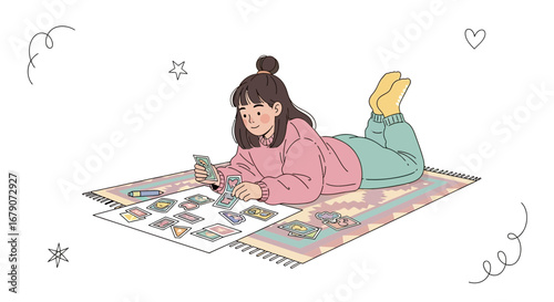 Young Woman Exploring Thoughtful and Unique Card Game On a Colorful Rug