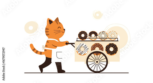 A Cheerful Cat Seller Of Doughnuts With A Charming Cart For Sweet Treats