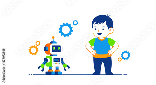 A Cheerful Child And A Robotic Companion Building A Bright Future Together