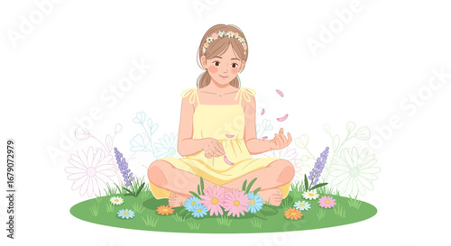 Young Woman Finding Inner Peace While Joyfully Surrounded by Lush Floral Beauty