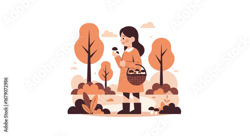 Young Woman Foraging for Mushrooms in the Autumn Forest with a Basket and Trees