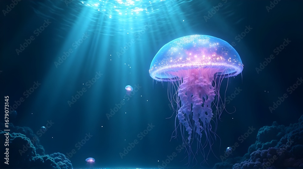 Fototapeta premium A magical underwater scene of a luminous jellyfish with a sparkling bell, swimming in the deep ocean and illuminated by sunlight.