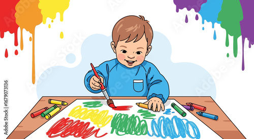 A Cheerful Child Painting on Paper with Colors and Crayons in a Happy Artistic Moment