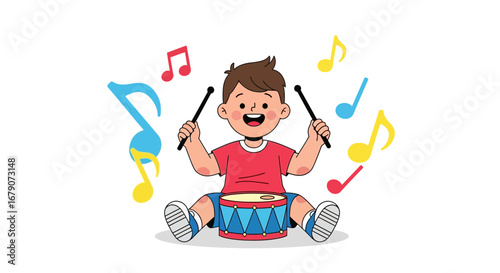 A Cheerful Child Playing a Drum Surrounded by Musical Notes Illustration