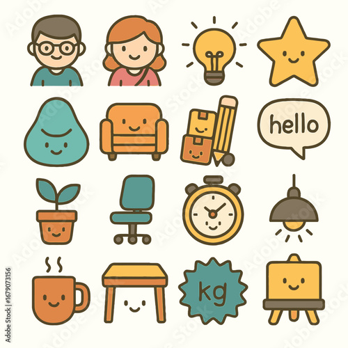 A charming collection of flat design cartoon icons, featuring diverse characters, common objects, and essential work-life elements for digital interfaces.