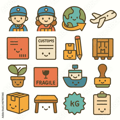 A charming collection of kawaii-style vector icons illustrating various aspects of global logistics, customs procedures, and efficient package delivery services.