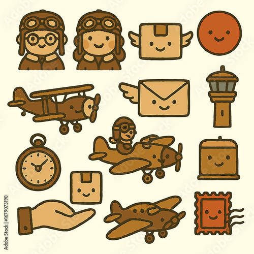 Charming vintage cartoon icons illustrating airmail, aviation, and postal services, featuring cute pilots, airplanes, and smiling packages.