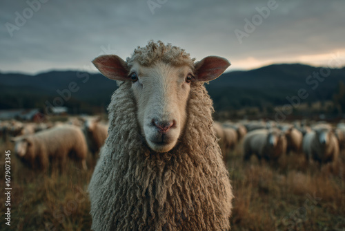 Sheep Portrait in Field at Dusk