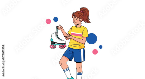 Young Woman Holding Roller Skate, Cartoon Illustration, Sporting Active Lifestyle Concept