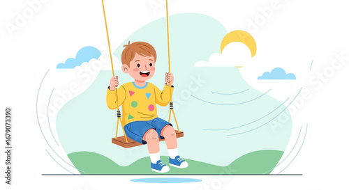 A Cheerful Child Swinging Outdoors, Joyfully Reveling in an Idyllic Sunny Afternoon
