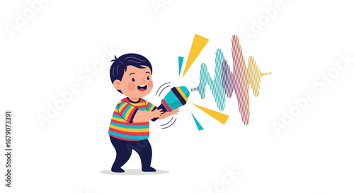 A Cheerful Child Using a Microphone Creates Animated Sounds and Colorful Visuals