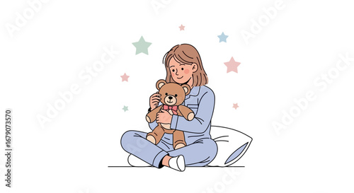 Young Woman in Pajamas Cuddling a Teddy Bear with Stars in the Background