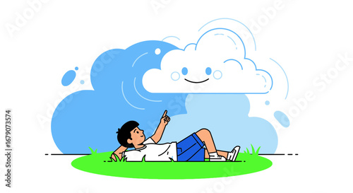 A cheerful illustration of a child enjoying the sun and the clouds outside