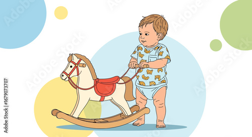 A Cheerful Infant Enjoys A Rocking Horse Ride In Playful Dreamscape Scenery