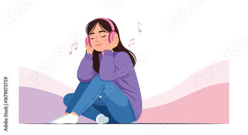 Young woman listening to music with headphones and enjoying the moment happily