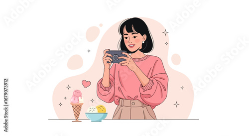 Young Woman Photographing Delicious Ice Cream Cones With Her Smartphone