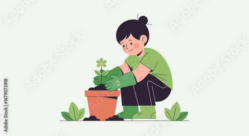 A cheerful person planting a flower illustration in a pot to promote gardening