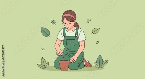 Young Woman Planting Seeds In A Terracotta Pot Amidst Flowing Leaves
