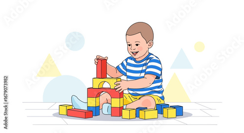 A cheerful young boy building a tower using colorful building blocks vector illustration