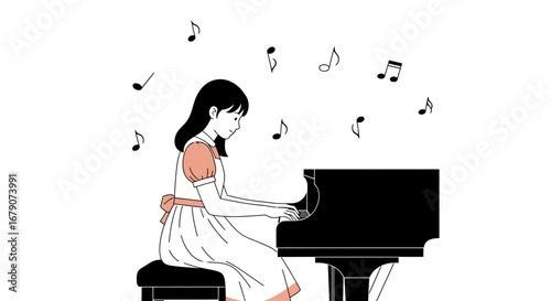 Young Woman Playing Piano And Conjuring Musical Notes, Artistically Illustrated