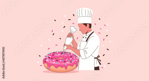 A chef decorating a giant donut with frosting and sprinkles illustration