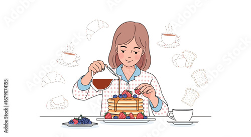 Young Woman Preparing Breakfast, Stacked Pancakes With Fresh Fruits, Syrup Pouring