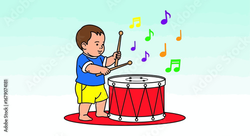 A Child Bangs The Drum Producing Rhythm And Musical Notes In Playtime Activities
