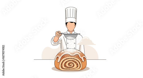 A chef sprinkling powdered sugar on a baked pastry roll, bakery illustration