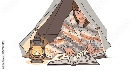 Young woman reading a book inside a tent with a lamp illustration on white background