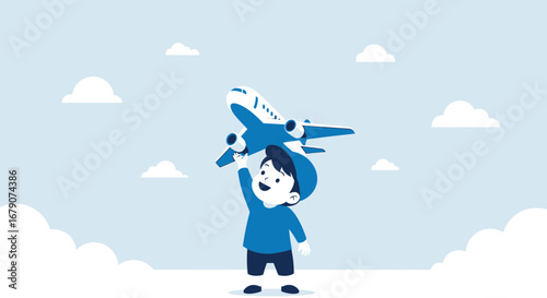 A child dreams of flying high with a plane in a blue sky background illustration