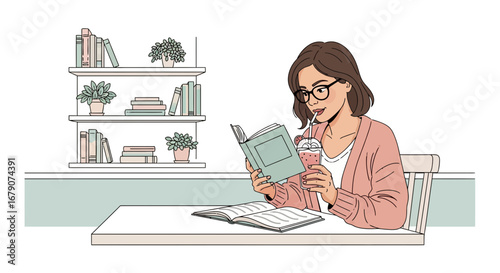 Young Woman Reading And Enjoying A Drink Beside A Shelf Of Books And Plants