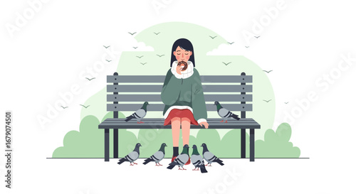 Young Woman Relaxes on Bench Eating Pastry While Pigeons Gather Around, Illustration