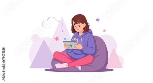 Young Woman Relaxing And Browsing Digital Tablet Device, Joyfully