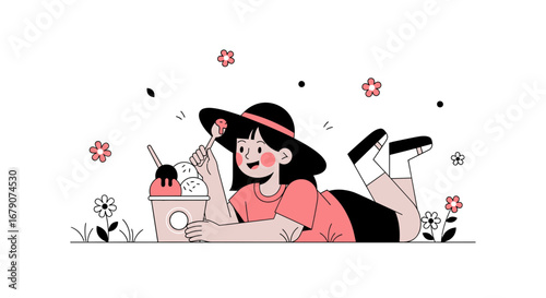 Young Woman Relaxes Outdoors, Enjoys Dessert Beneath a Stylish Floppy Hat, Sweet Moments Included