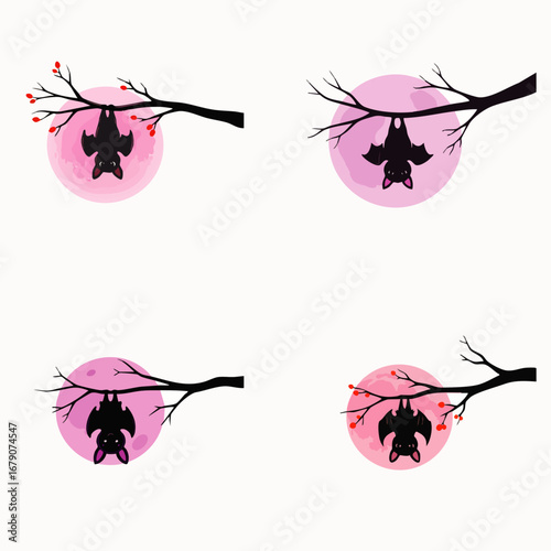 An enchanting quartet of cute black bat illustrations, each playfully hanging upside down from a tree branch with berries, against a vibrant pink moon.