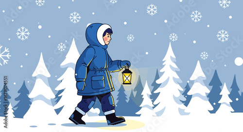 A child exploring a snowy forest at night, holding a lantern and walking around the winter