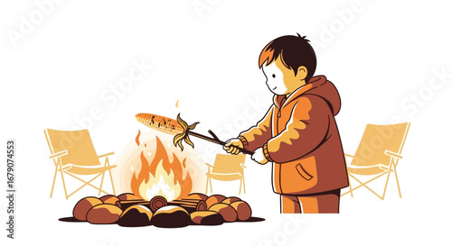 A child happily roasting corn over a campfire during a camping trip or outdoor activity