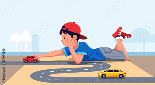 A Child Imagines Adventurous Car Travels Across Roadways In Vivid Illustration