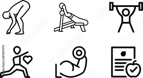 Diverse set of fitness and workout icons representing exercise healthy lifestyle activities