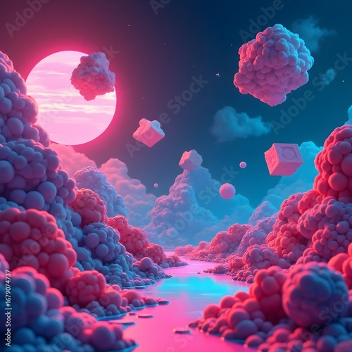 A surreal landscape of a glowing river in a valley of bumpy clouds. Features a large pink sun and floating geometric shapes in a night sky.