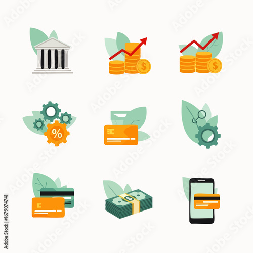 A comprehensive collection of modern flat design icons illustrating various aspects of finance, banking, investment growth, and secure digital transactions.