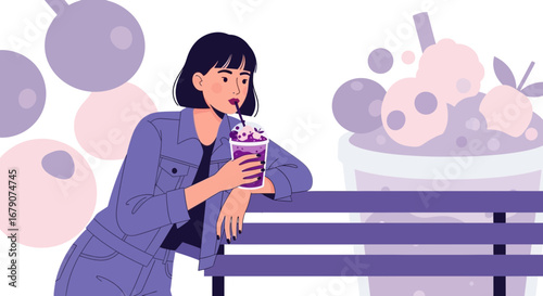 Young Woman Savoring Refreshing Drink On A Sunny Afternoon With Delightful Details