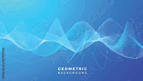Abstract blue technology background with flowing digital wave particles and futuristic geometric lines
