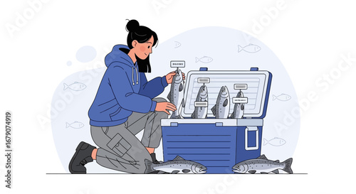 Young Woman Showing Catch of Fresh Fish in Cooler at Local Market