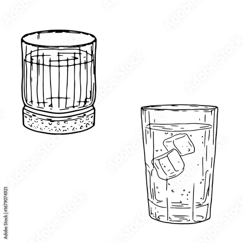 Glass of vodka or rum with ice cubes and lemon slices, black and white sketch. Vector illustration. Classic alcoholic drink, silhouette set, isolated on white background. Glass of whiskey or scotch,