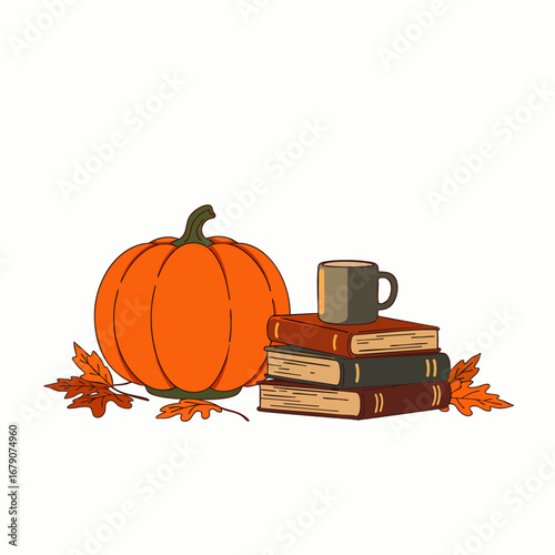 A charming autumnal illustration featuring a vibrant orange pumpkin, a cozy stack of books, a warm mug, and scattered fall leaves, perfect for seasonal designs.