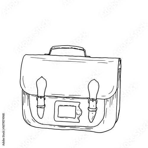 Leather men's shoulder bag, black and white ink sketch. Vector illustration of a bag for documents, necessary business accessories, isolated on a white background