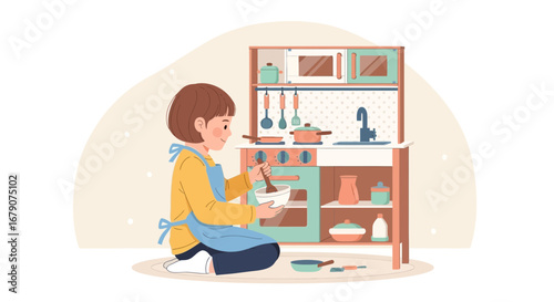 A Child Plays In A Play Kitchen, Stirring Ingredients, Smiling During The Activity